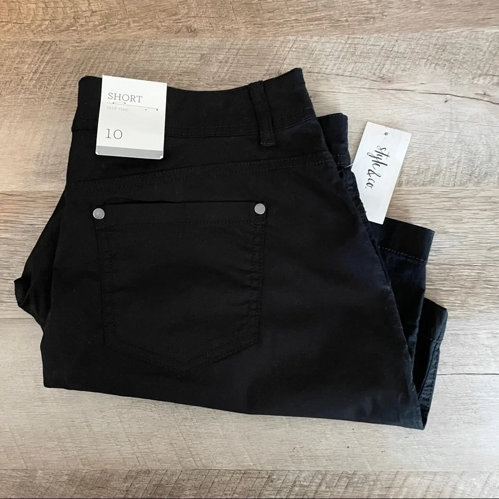 🌺 Style & Co Mid Rise Black Cotton Classic Modest Shorts Size 10 NWT